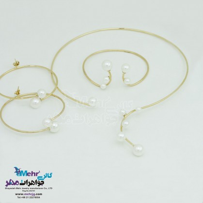 سرویس طلا - گردنبند و گوشواره و دستبند - طرح مروارید نشان-SS0289